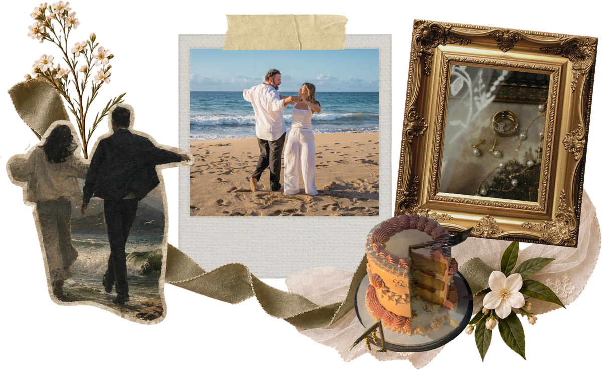 Collage con foto de Mirna y José Miguel en la playa, el anillo de compromiso y el pastel de boda